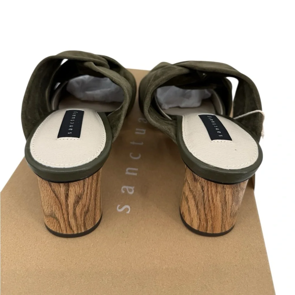 Sanctuary Sunset 2.0 Mossy Green Suede Bow Mule Heels 8.5 NIB Woodgrain Heel ECO